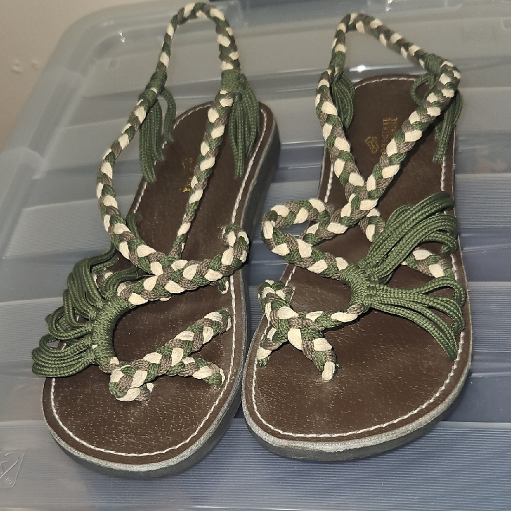 Elegant Braided Sandals in Green and Cream